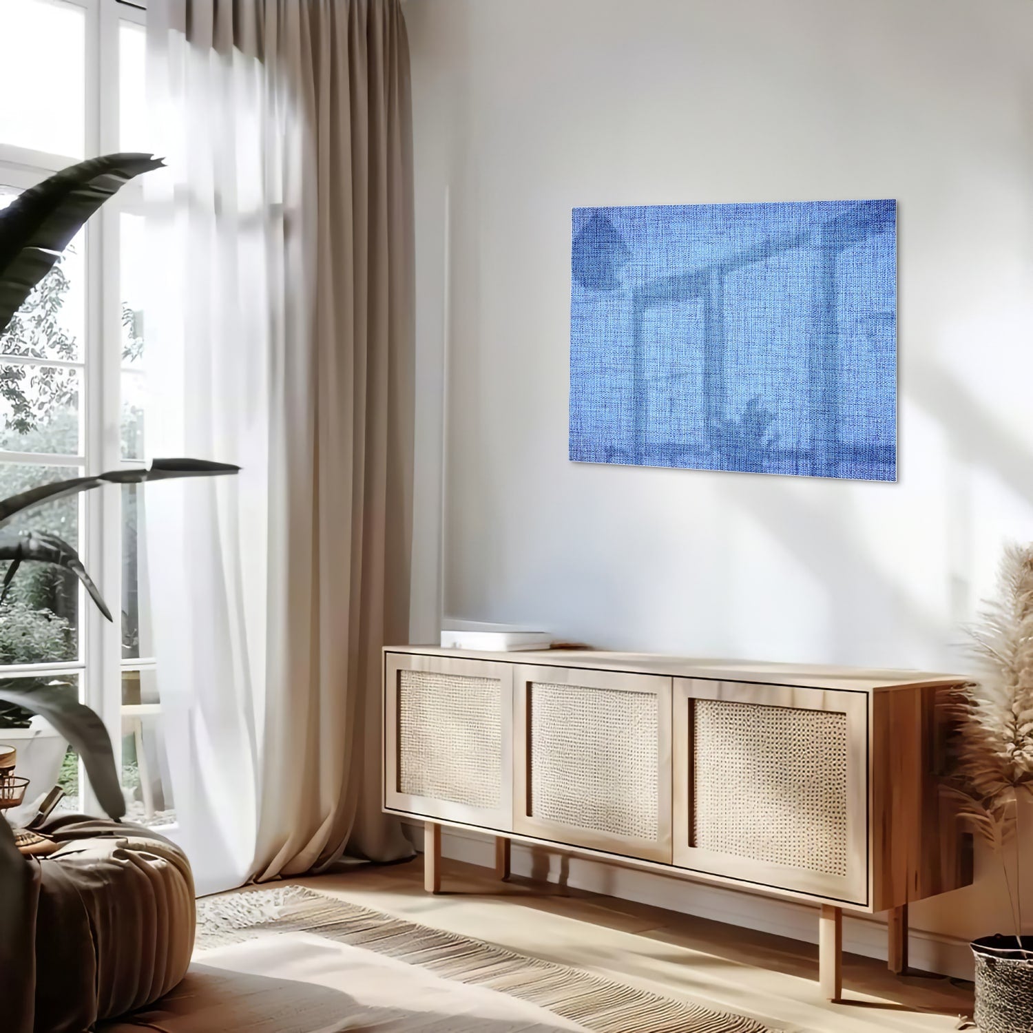 Blauw glazen schilderij aan de muur in een moderne woonkamer