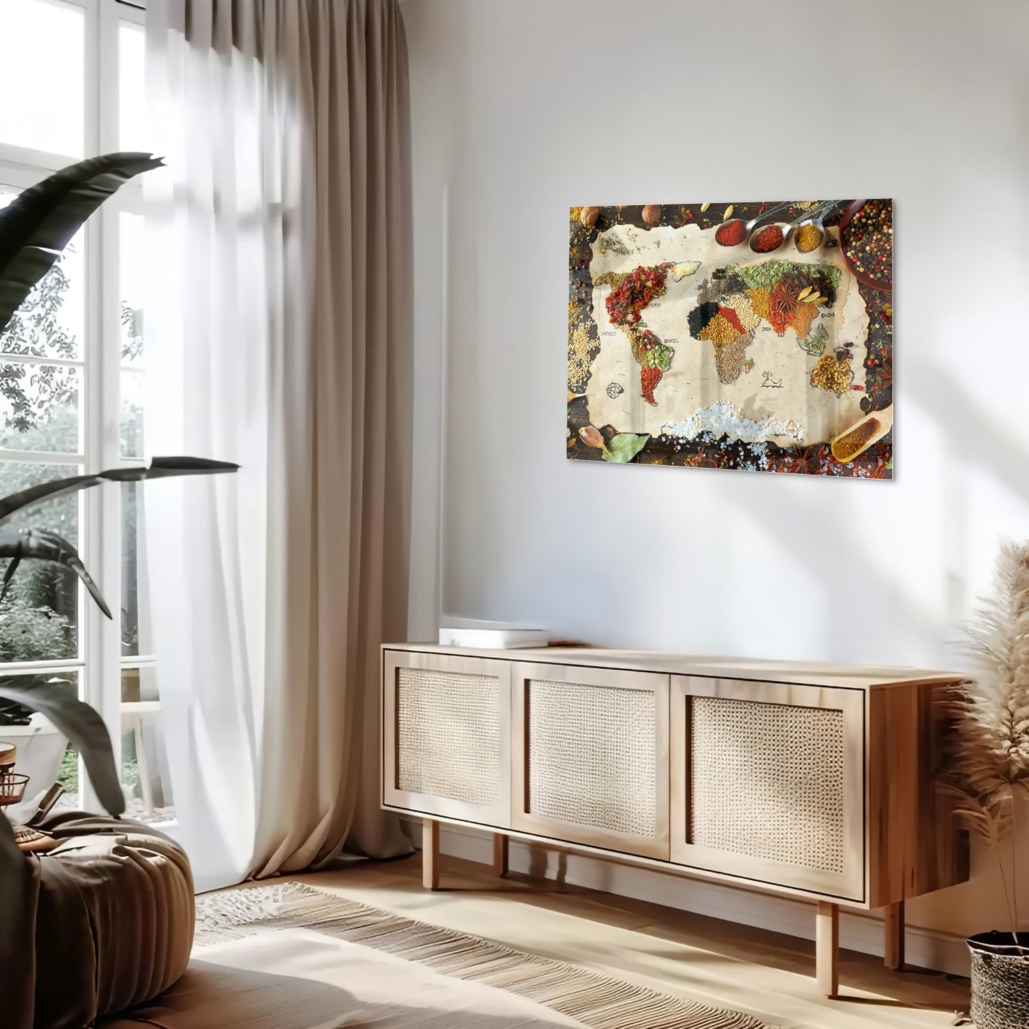 Kleurrijk glazen schilderij met een artistieke weergave van fruit en specerijen aan de muur.