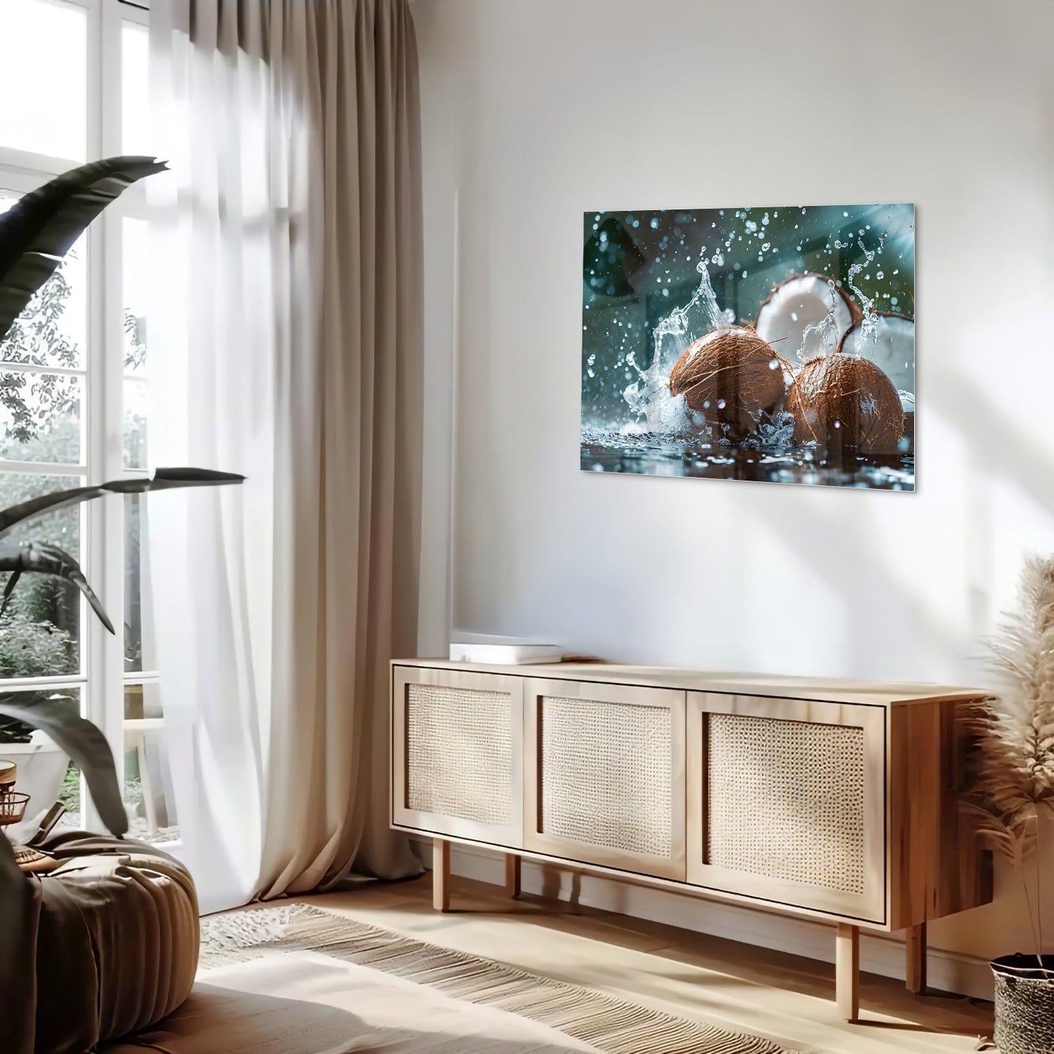 Glas schilderij van kokosnoten met spetters water, perfect voor wanddecoratie.