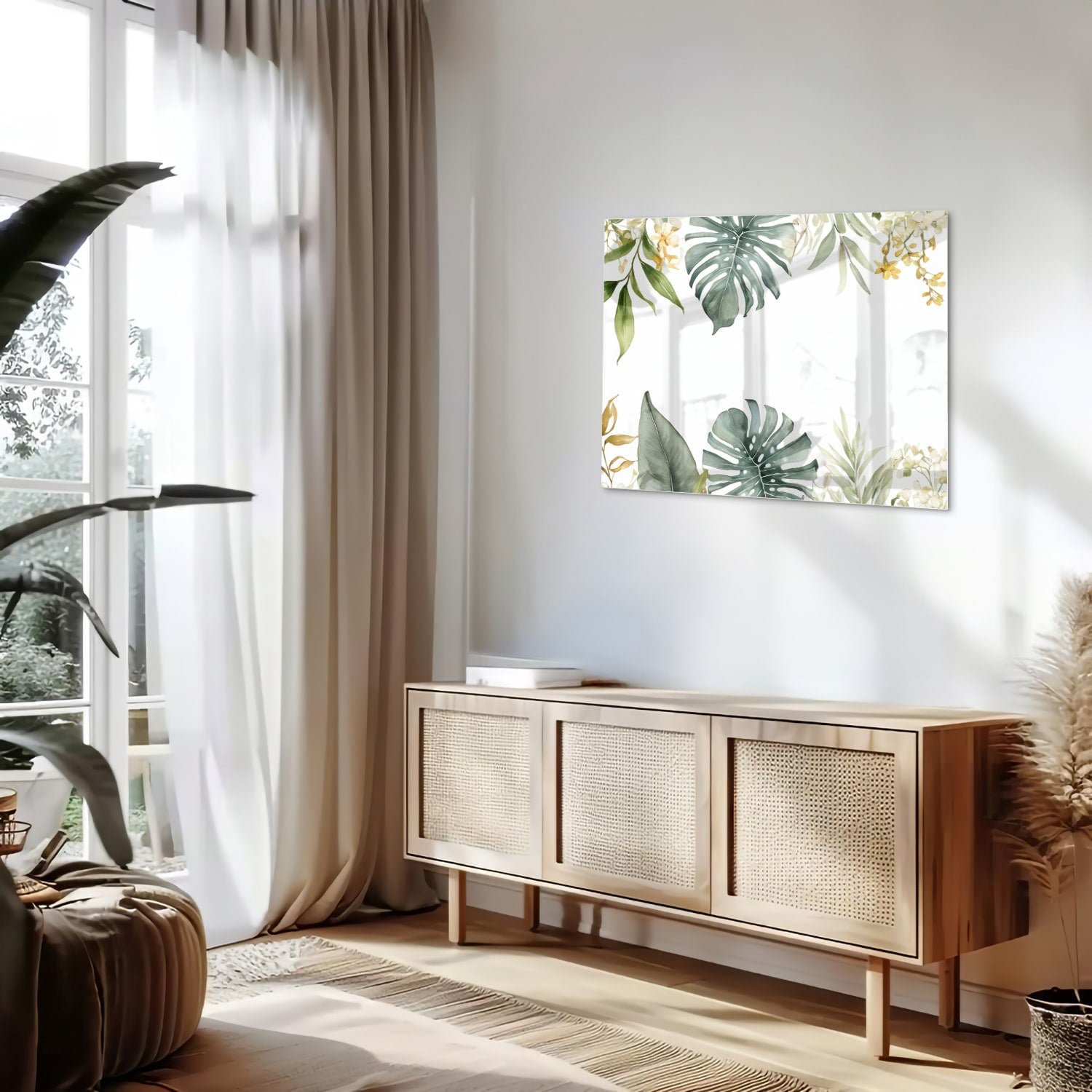 Glazen schilderij met tropische bladeren en botanische elementen aan een witte muur.