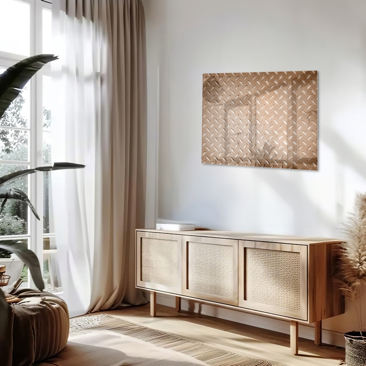 Glazen schilderij met een geometrisch patroon aan de muur in een stijlvolle kamer.