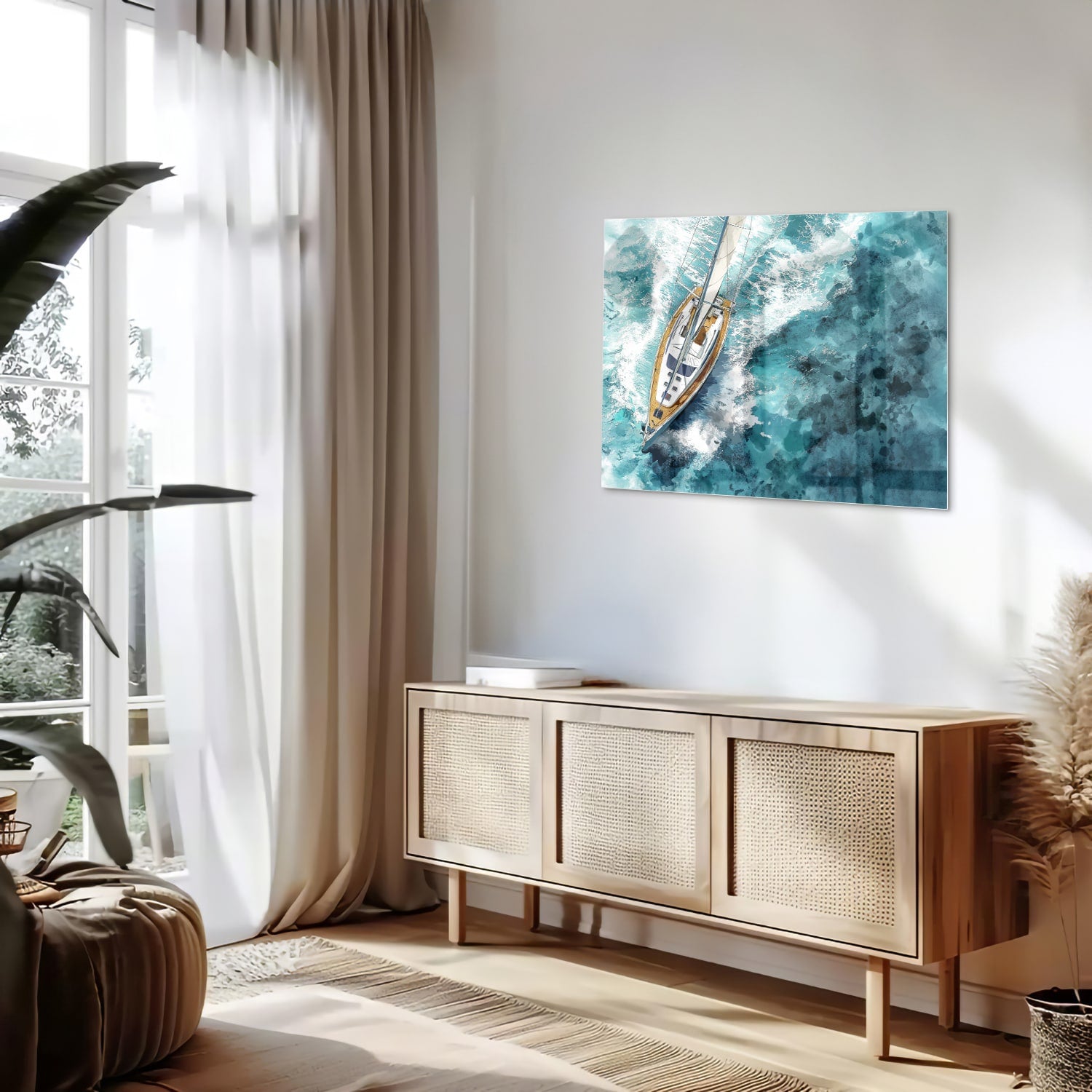 Glazen schilderij van een jacht die over een turquoise zee vaart.