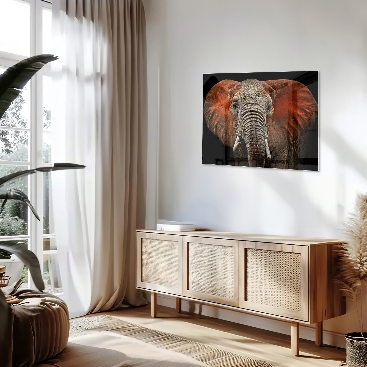 Glazen schilderij van een olifant met kleurrijke oren, prachtig voor aan de muur.