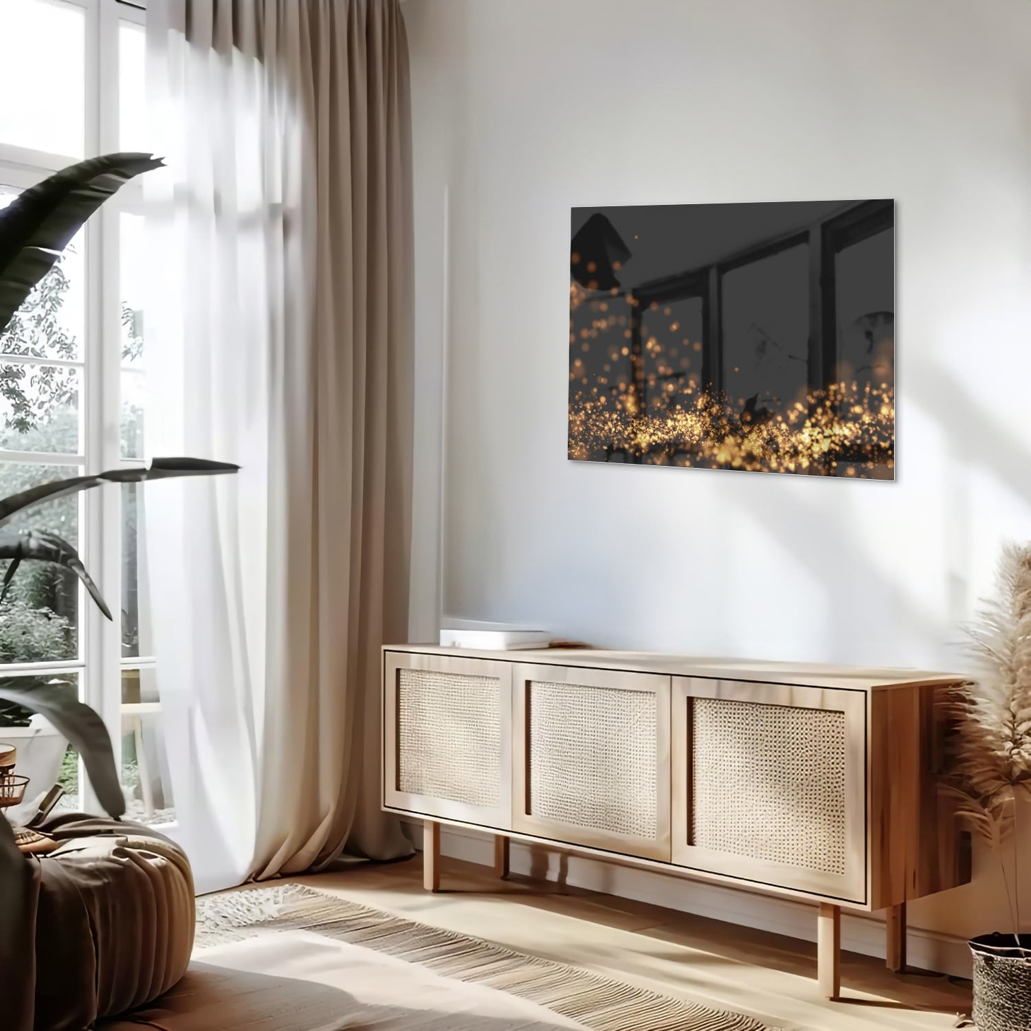 Glazen schilderij met gouden lichtpuntjes op een zwart vlak, ideaal voor moderne interieurs.