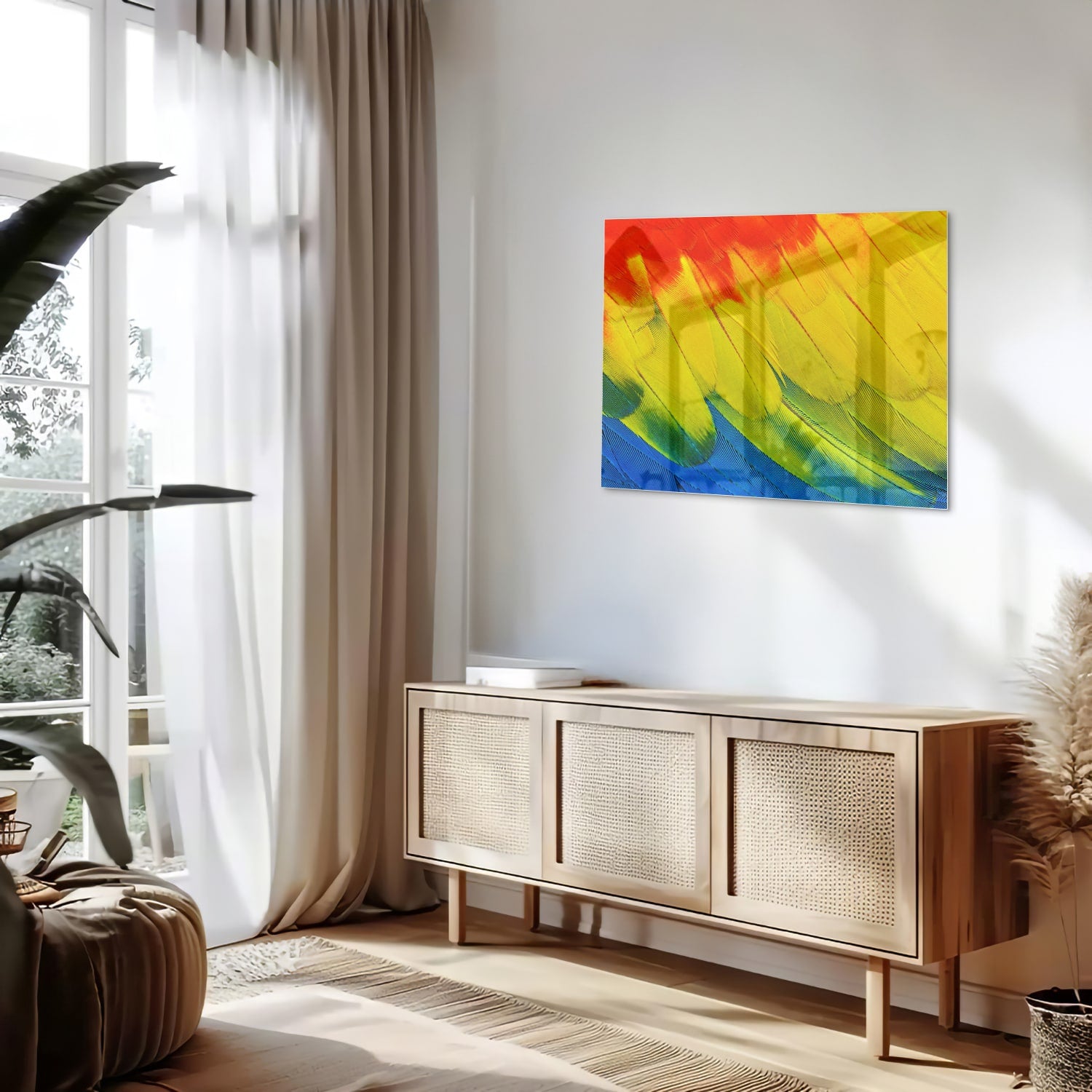 Abstract glazen schilderij met kleurrijke golven in rood, geel en blauw