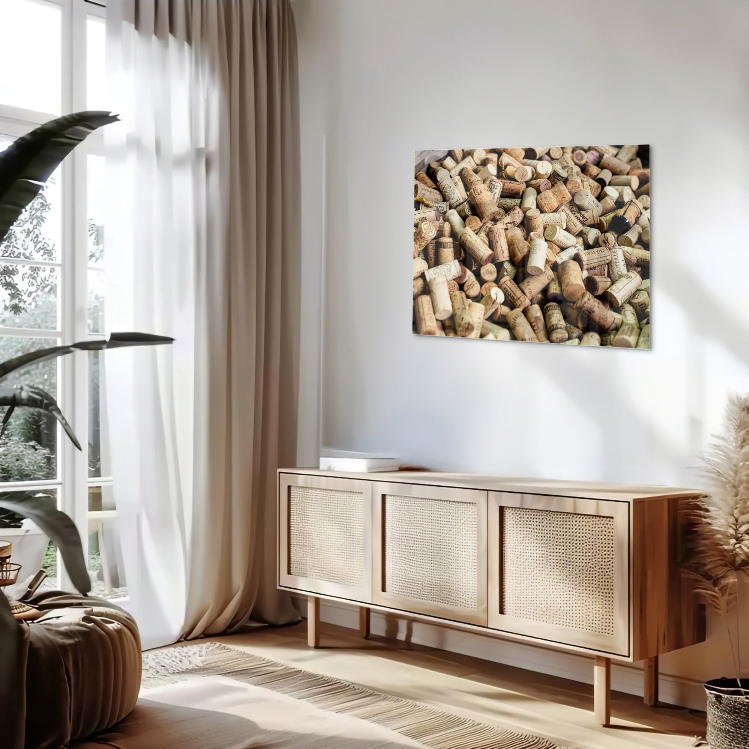 Glazen schilderij met een stapel wijnkurken op een muur.