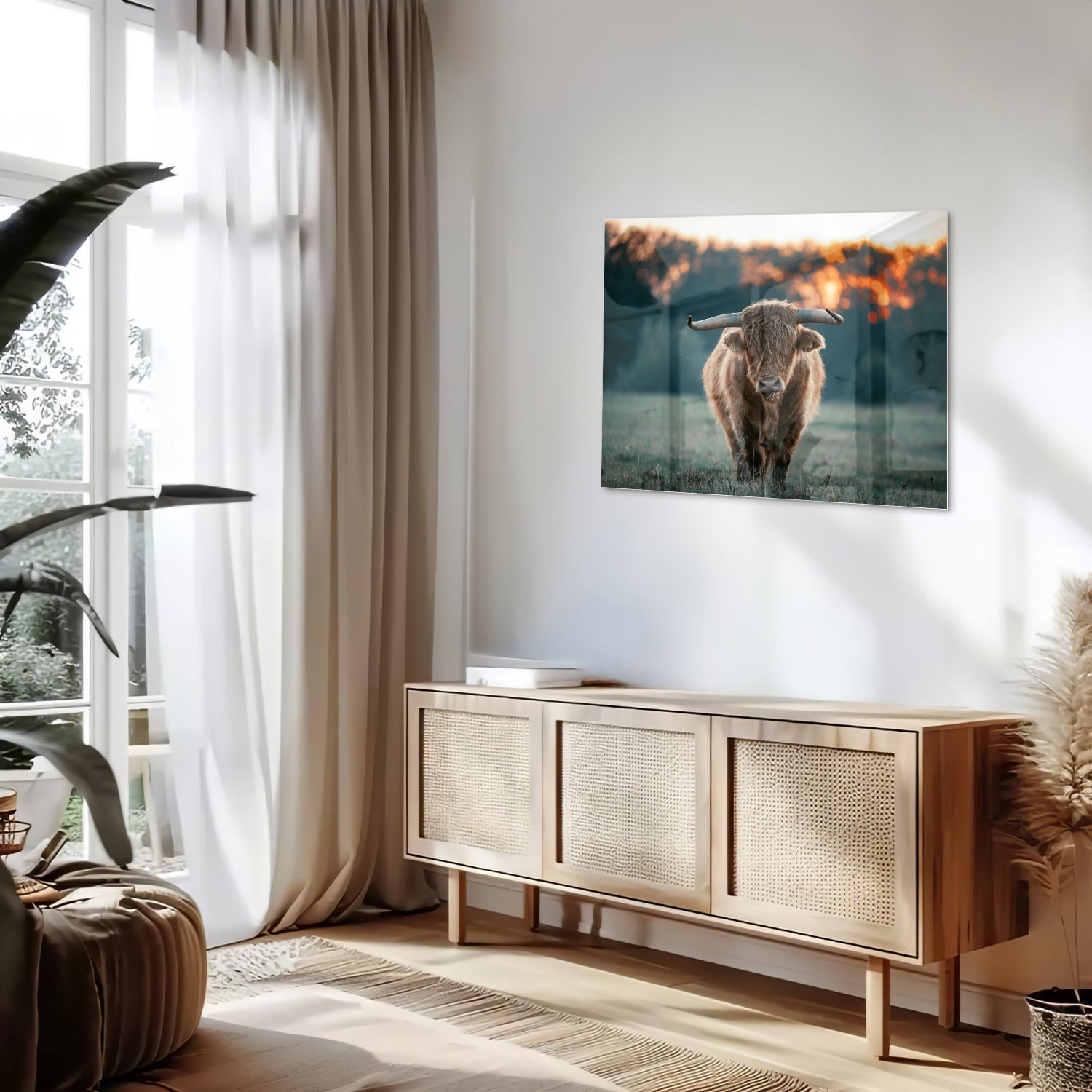 Glazen schilderij van een Schotse Hooglander in een natuurlijke setting.