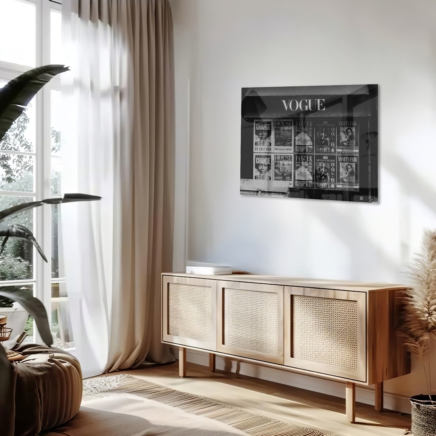 Glazen schilderij van Vogue met modecovers in modern interieur