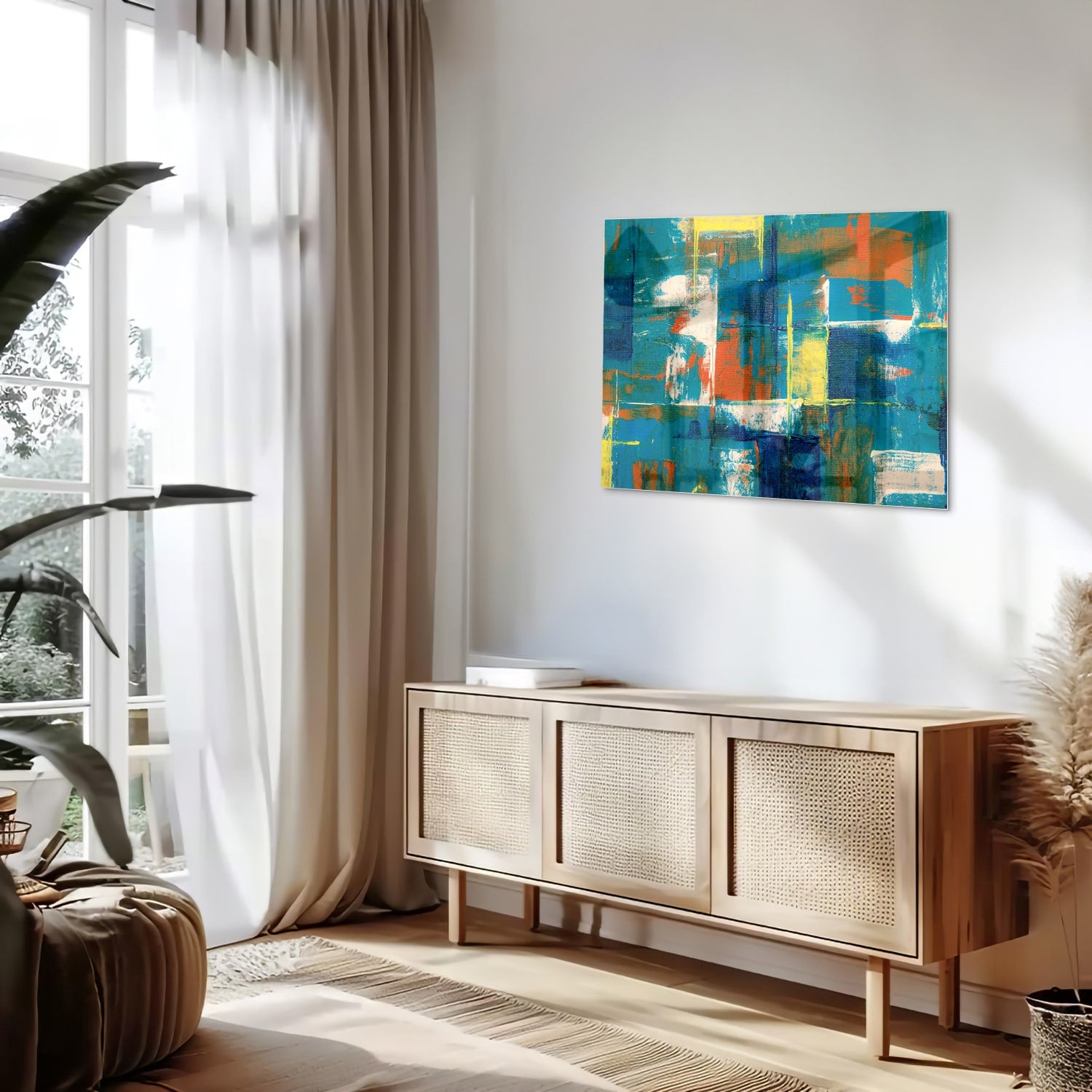 Kleurrijk abstract glazen schilderij in turquoise en oranje, genstalleerd in een moderne woonkamer.