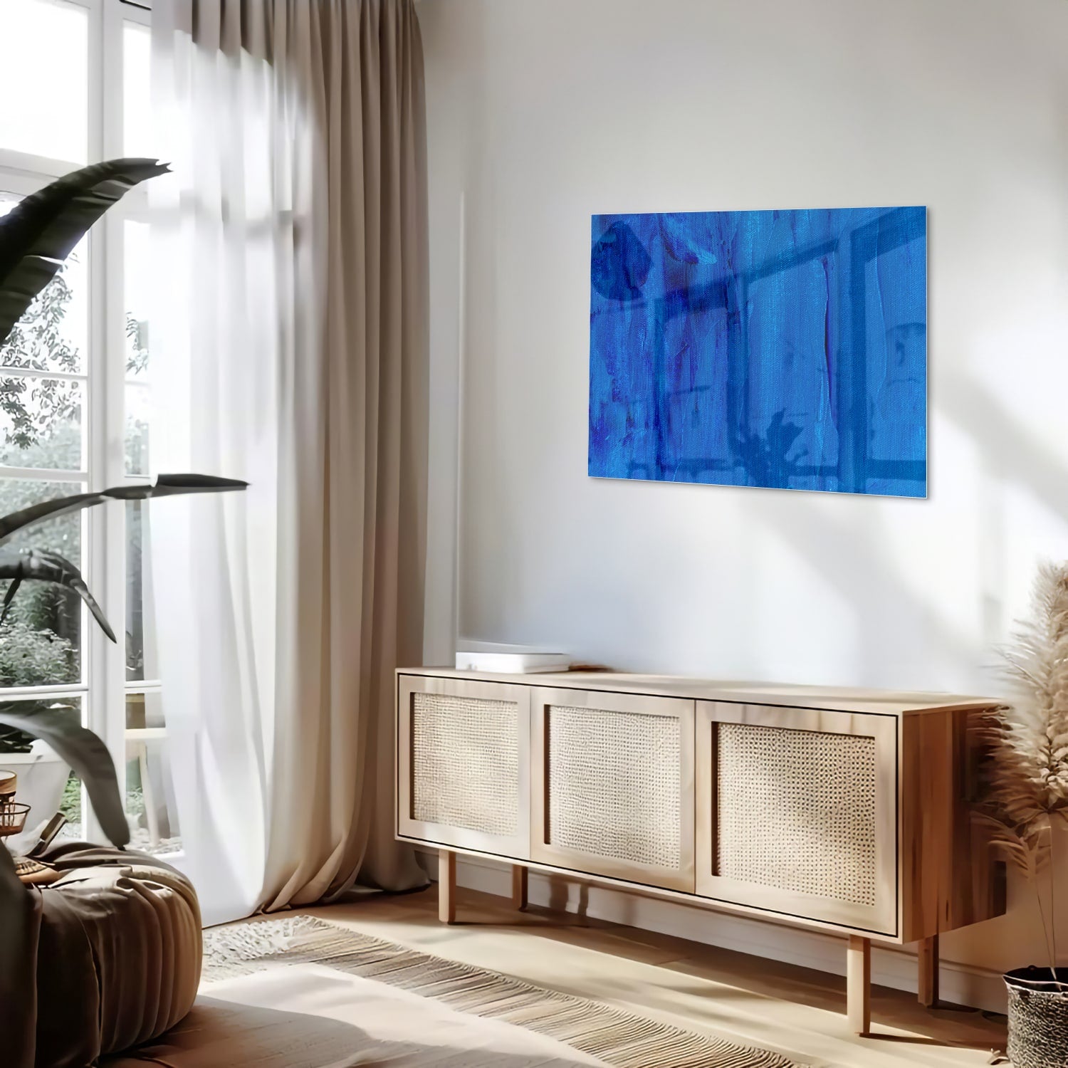 Abstract glazen schilderij in blauw, perfect voor moderne inrichting