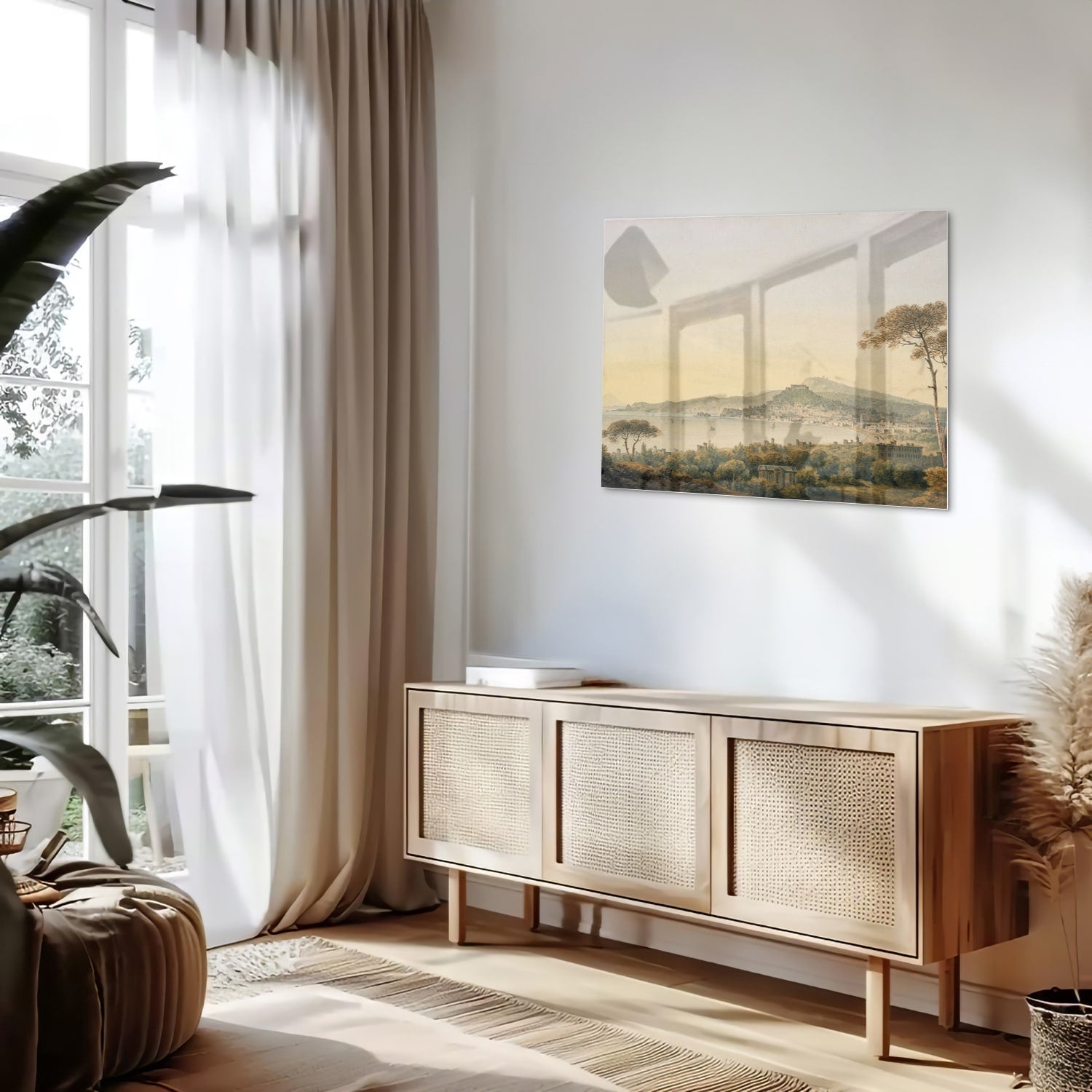 Glazenschilderij van een rustiek landschap met bergen en zonsopgang.