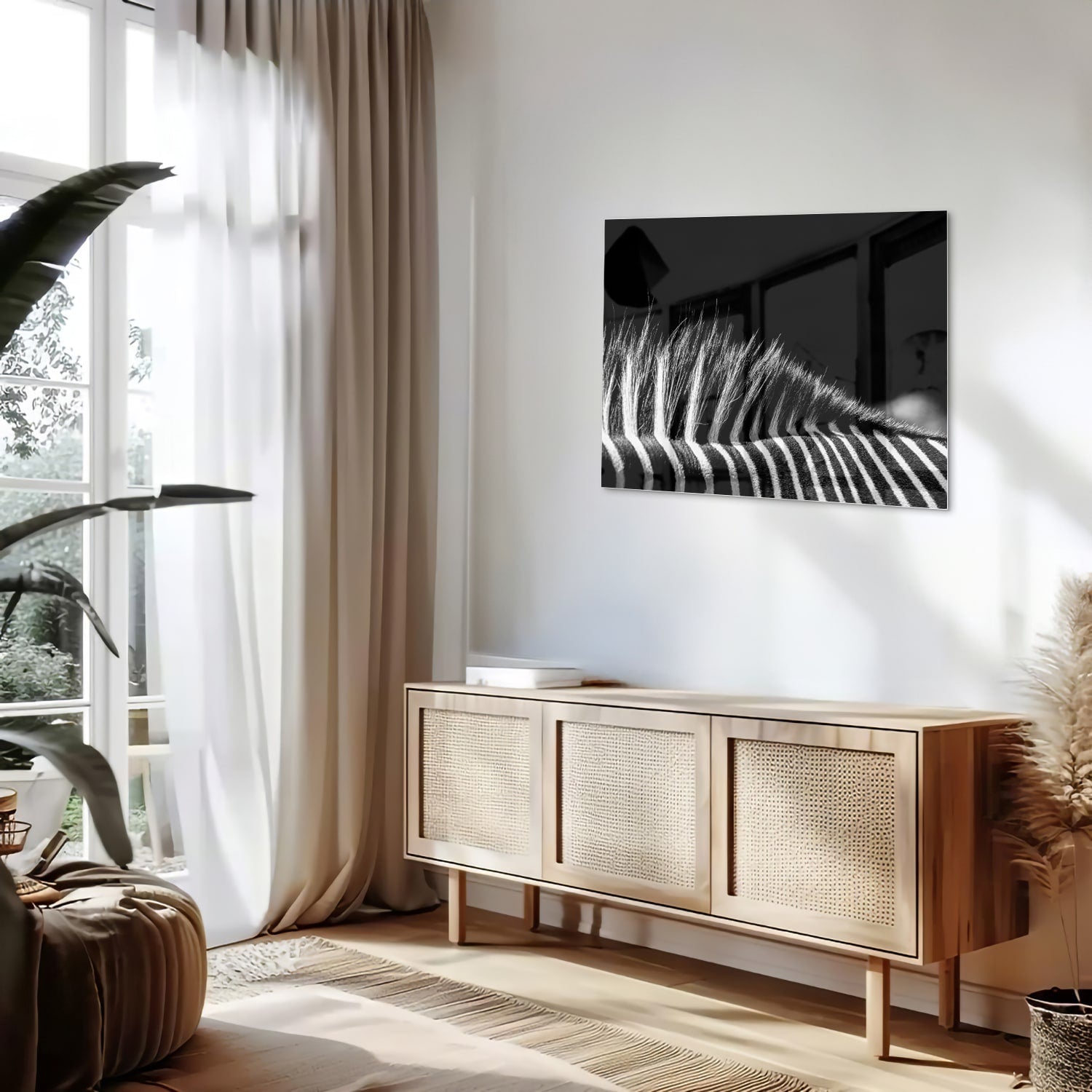 Een modern zwart-wit glazen schilderij met naadloze lijnen aan de muur.