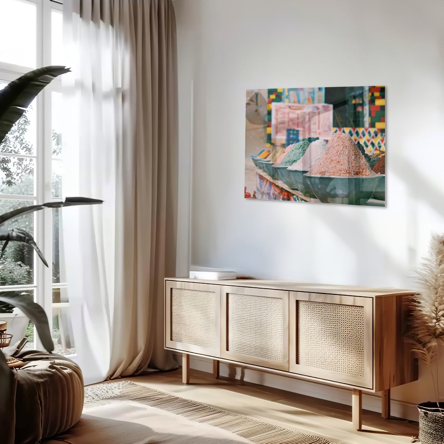 Kleurrijk glazen schilderij met verschillende specerijen in schalen