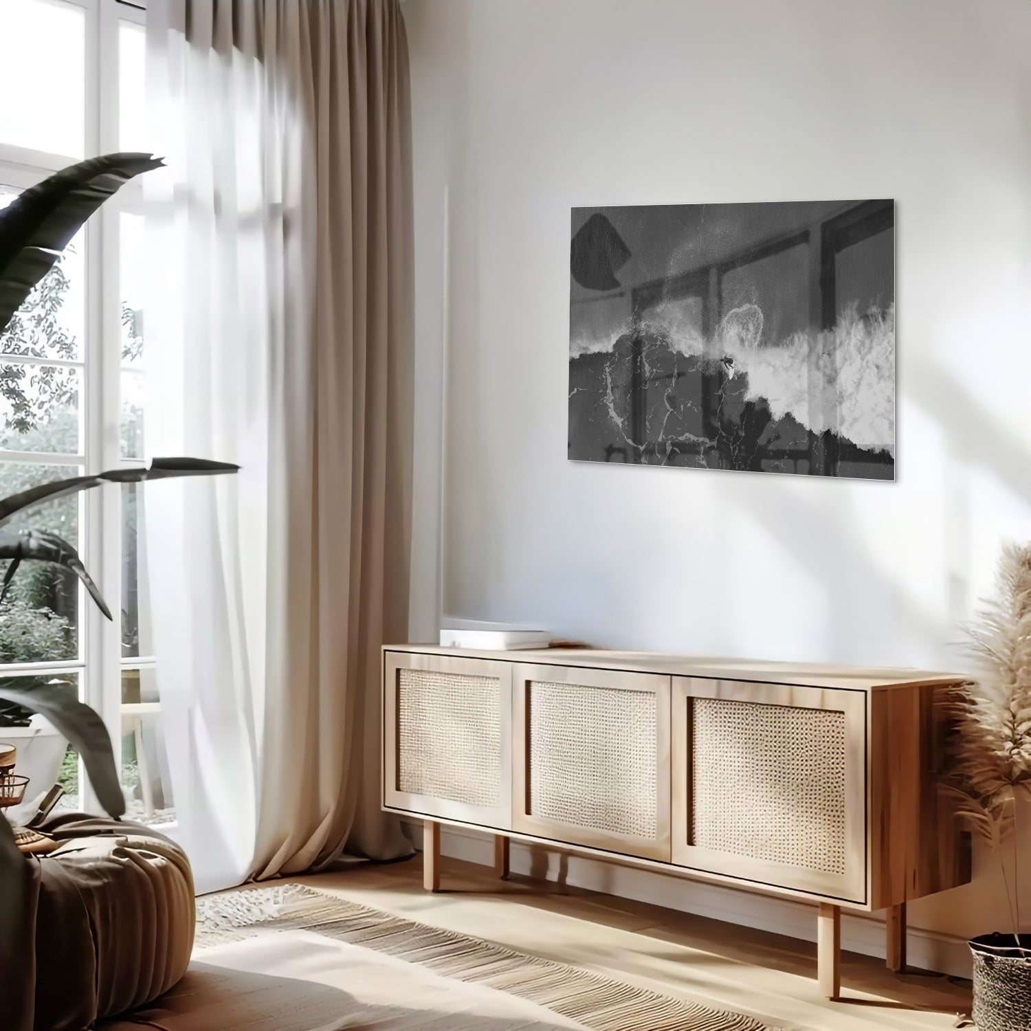 Abstract glazen schilderij in zwart-wit, perfect voor moderne interieurs.