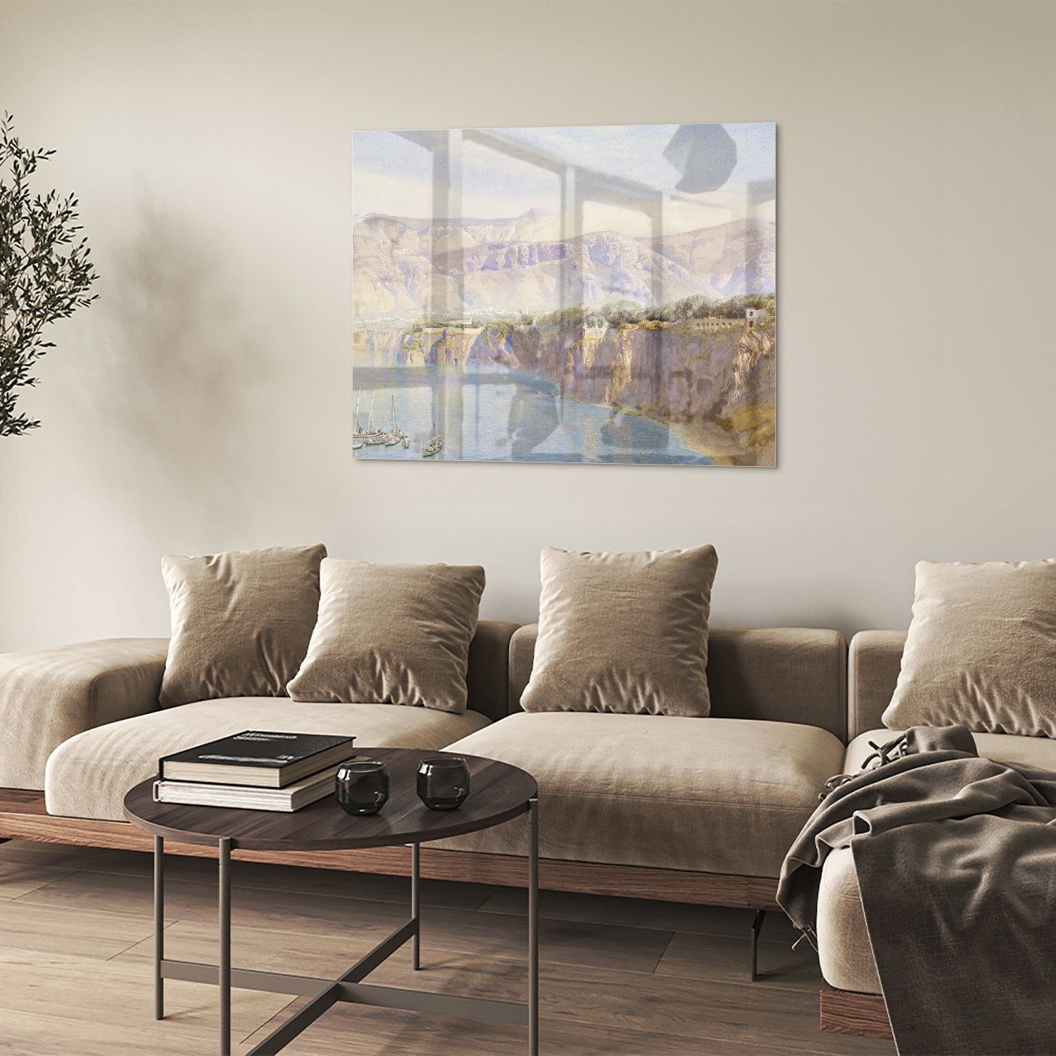 Glazen schilderij van een berglandschap met een rivier, hangend aan de muur.