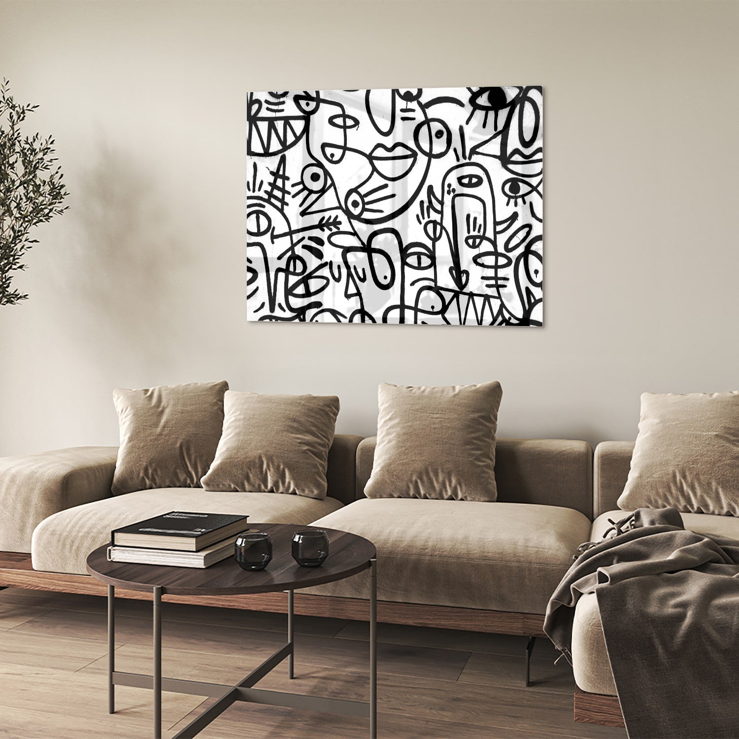 Abstract glazen schilderij in zwart-wit met vormen en lijnen