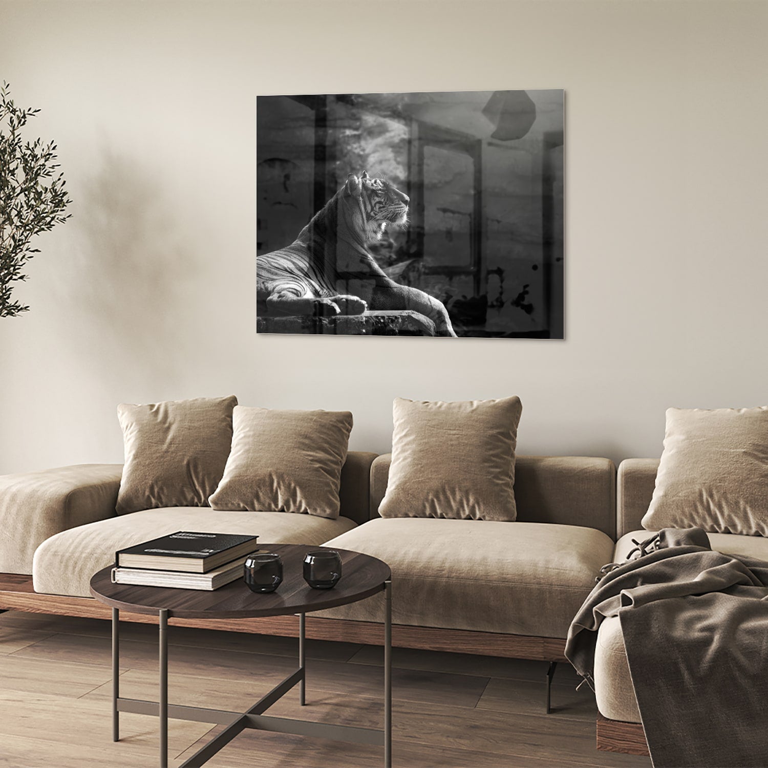 Glazen schilderij van een majestueuze tijger in zwart-wit