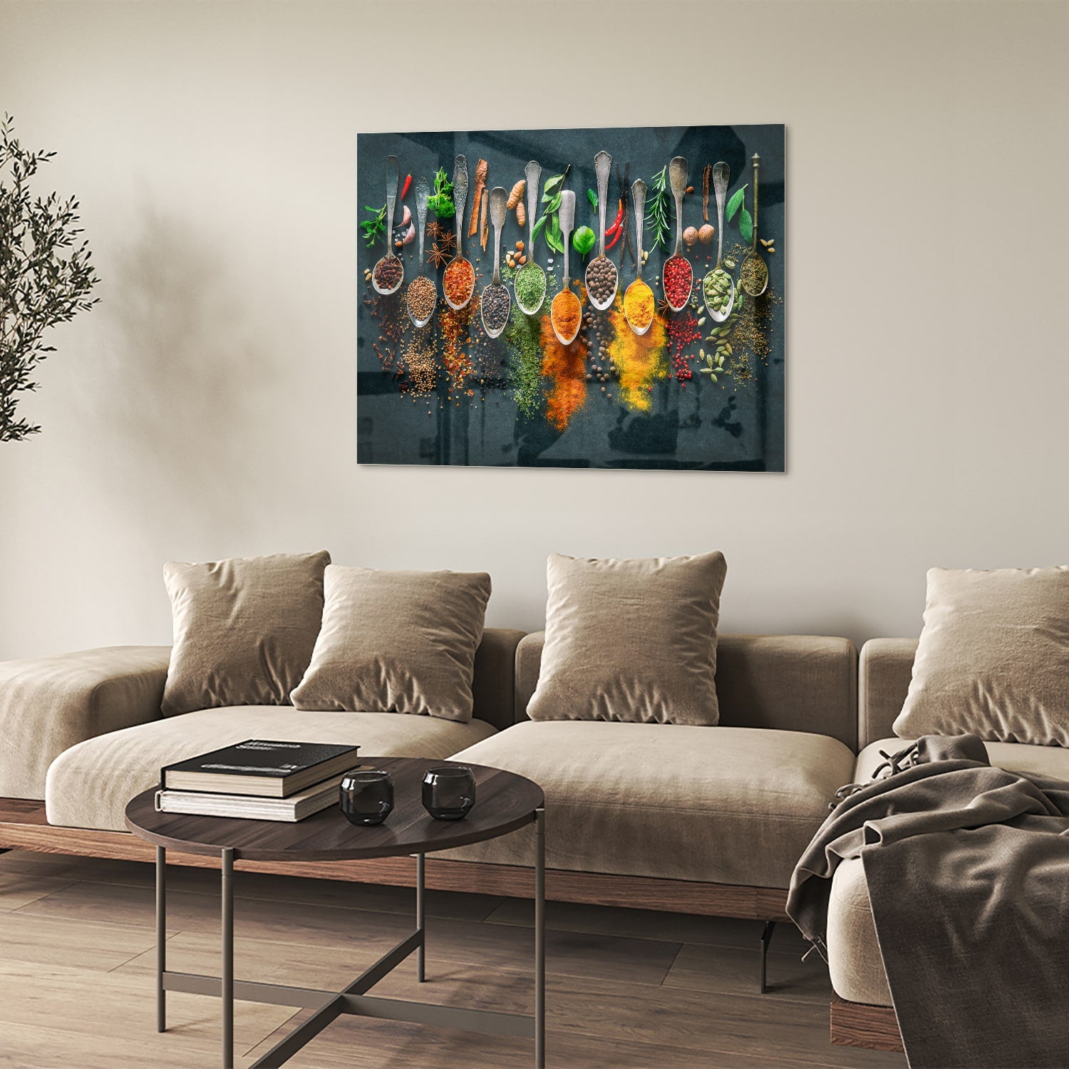 Glazen schilderij met een assortiment kleurrijke specerijen en kruiden, perfect voor keukeninrichting.