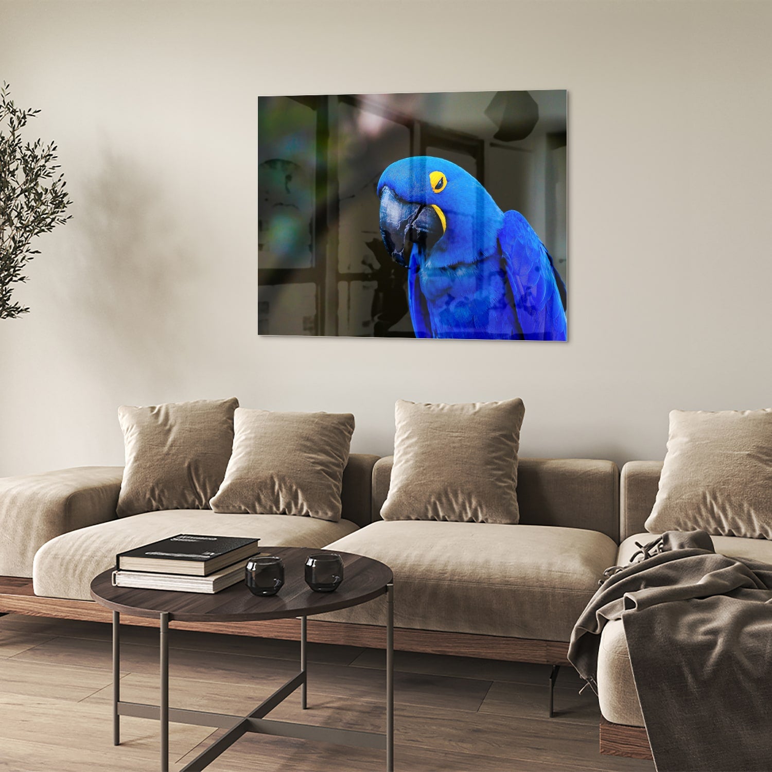 Glazen schilderij van een blauwe ara, ideaal voor wanddecoratie.