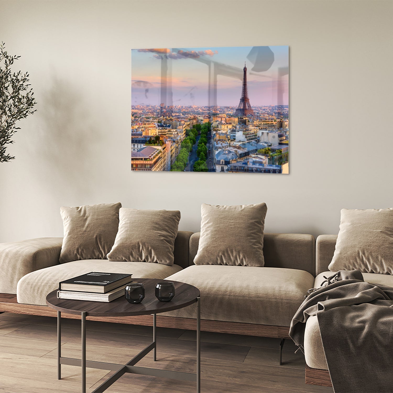Glas schilderij van de Eiffeltoren in Parijs bij zonsondergang