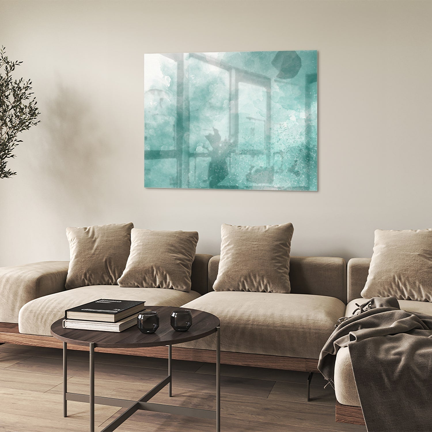 Abstract glazen schilderij in aquablauw kleur, past mooi in een modern interieur.