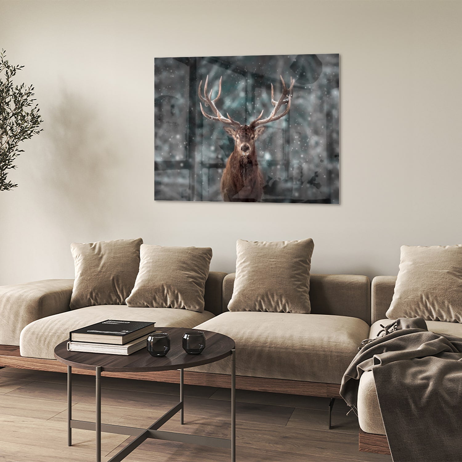 Glazen schilderij van een hert in een winterse setting