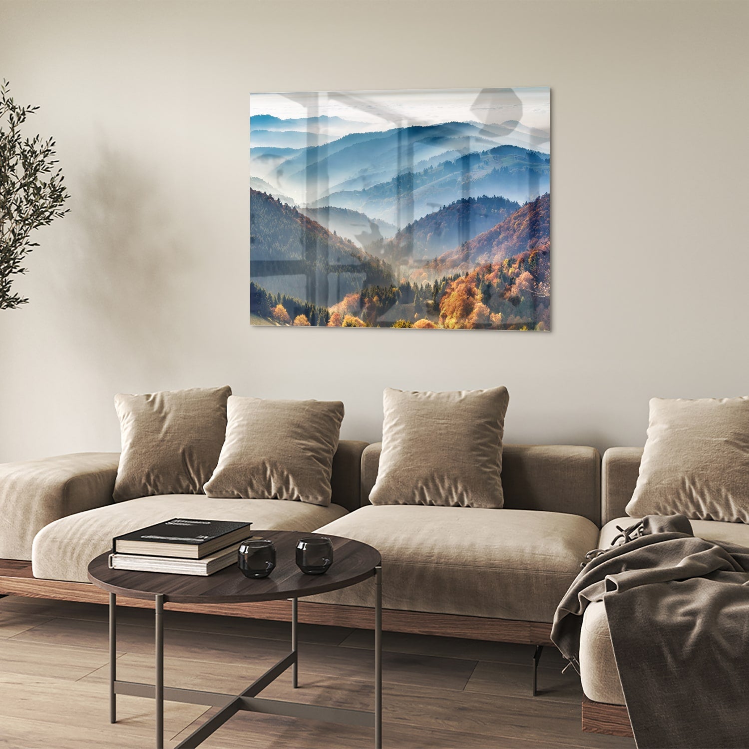 Glazen schilderij met een adembenemend berglandschap in warme herfstkleuren