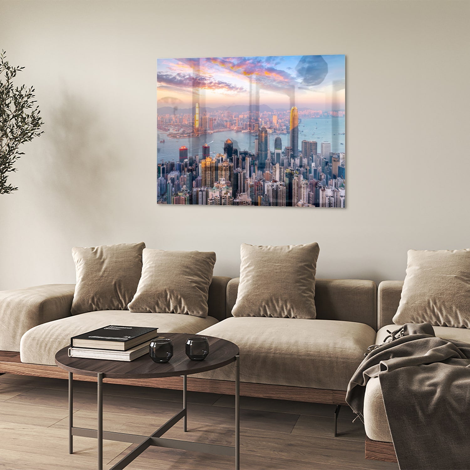 Glazen schilderij van een stadsgezicht met zonsondergang, perfect voor inrichting