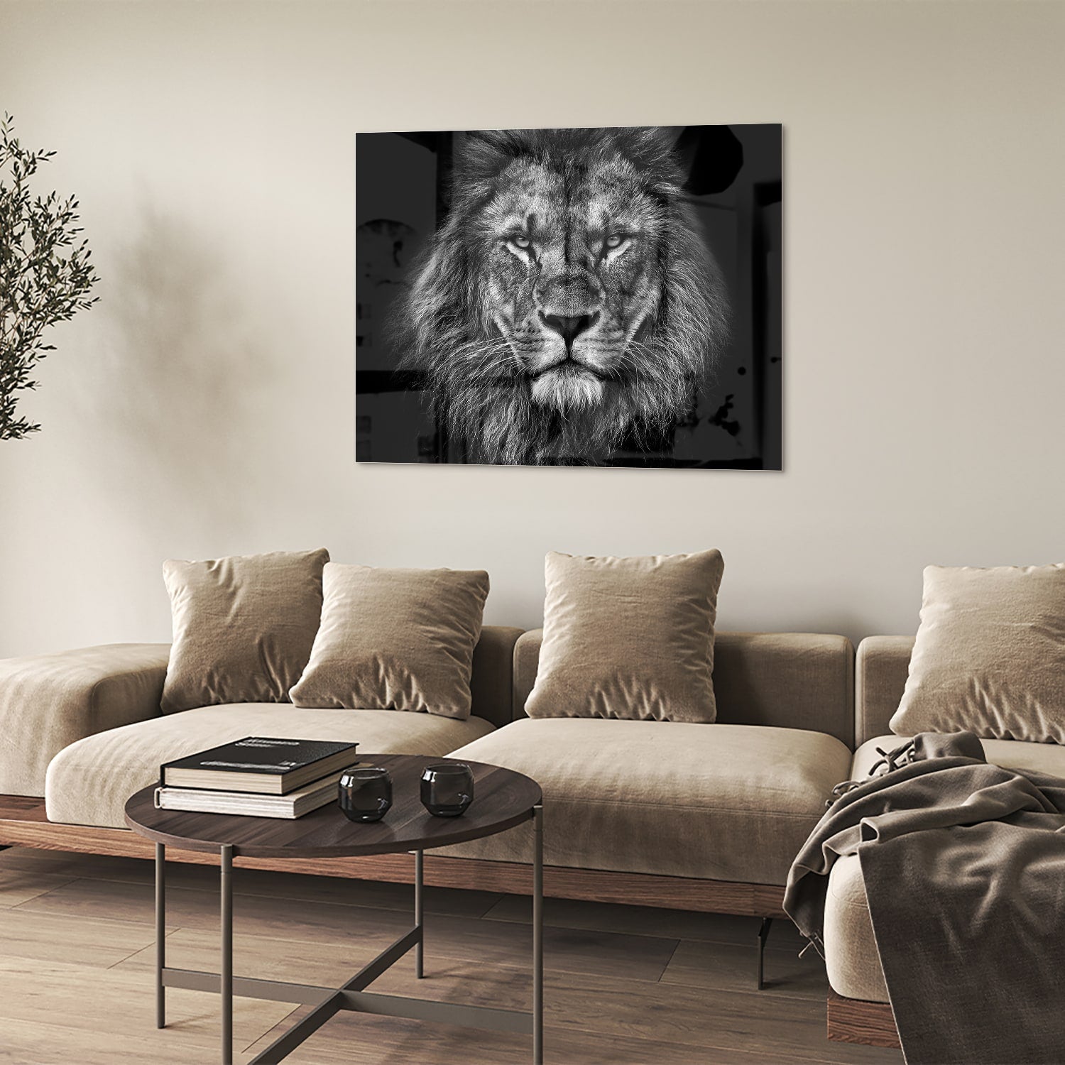 Glazen schilderij van een leeuw in zwart-wit, perfect voor wanddecoratie.