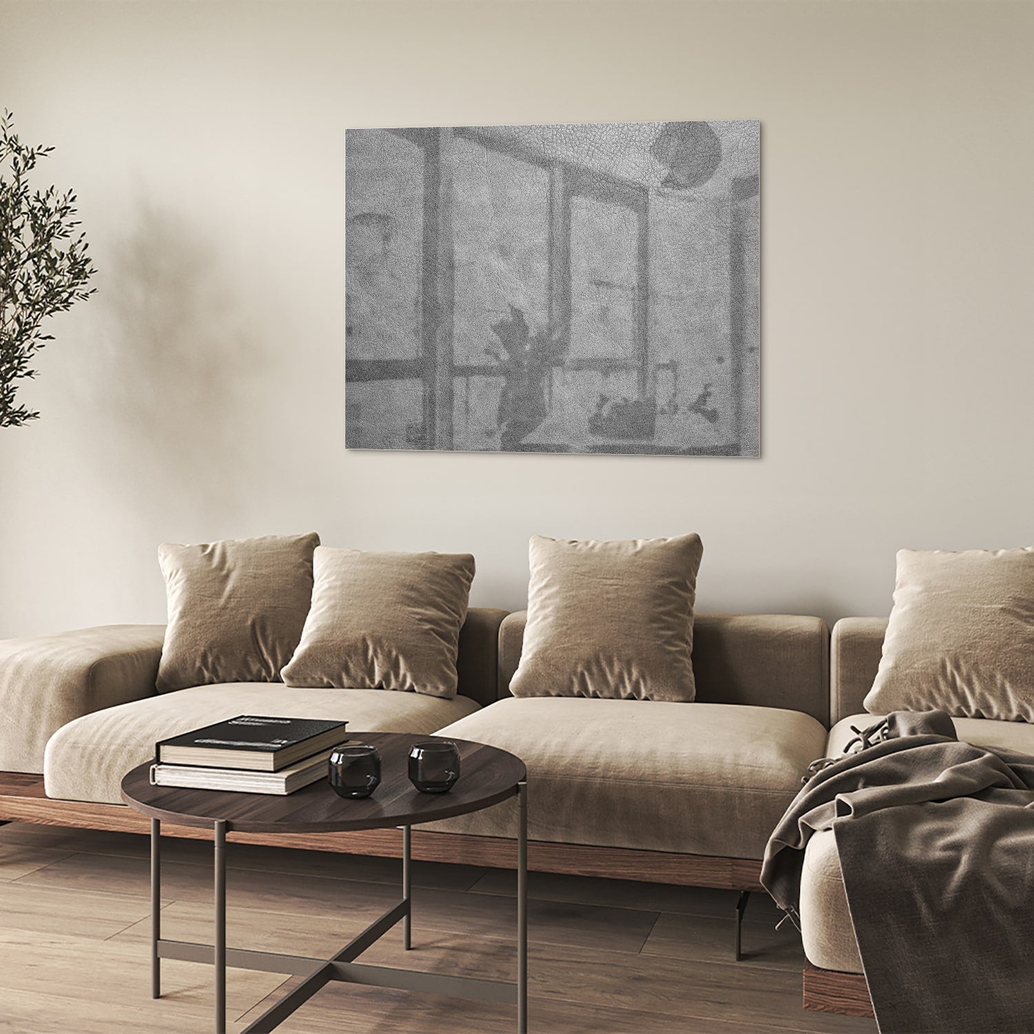 Minimalistisch glazen schilderij met subtiele schaduwen aan de muur