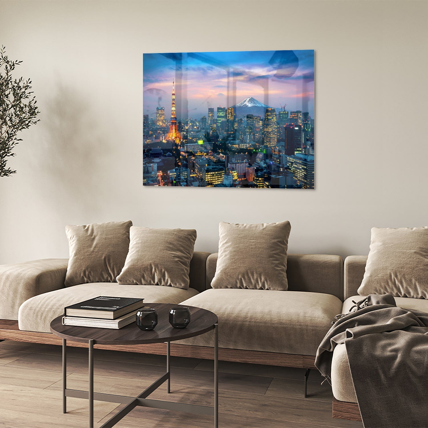 Glazen schilderij van Tokyo met de Tokyo Tower en Mount Fuji in de achtergrond