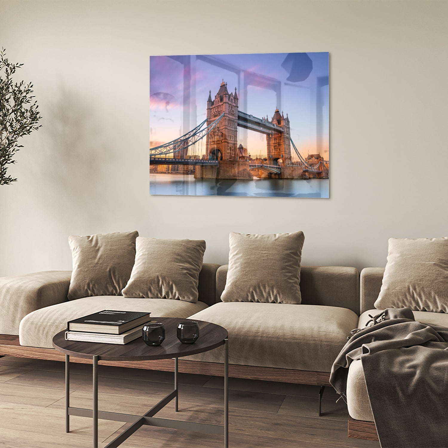 Glas schilderij van de Tower Bridge in Londen met een zonsondergang op de achtergrond.