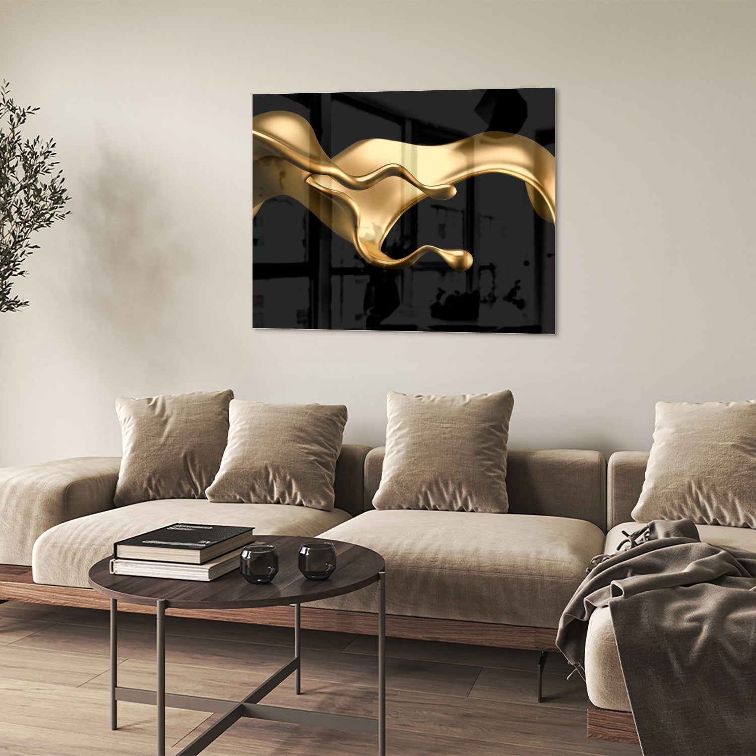 Gouden abstract glas schilderij met zwarte achtergrond, perfect voor moderne interieurs.