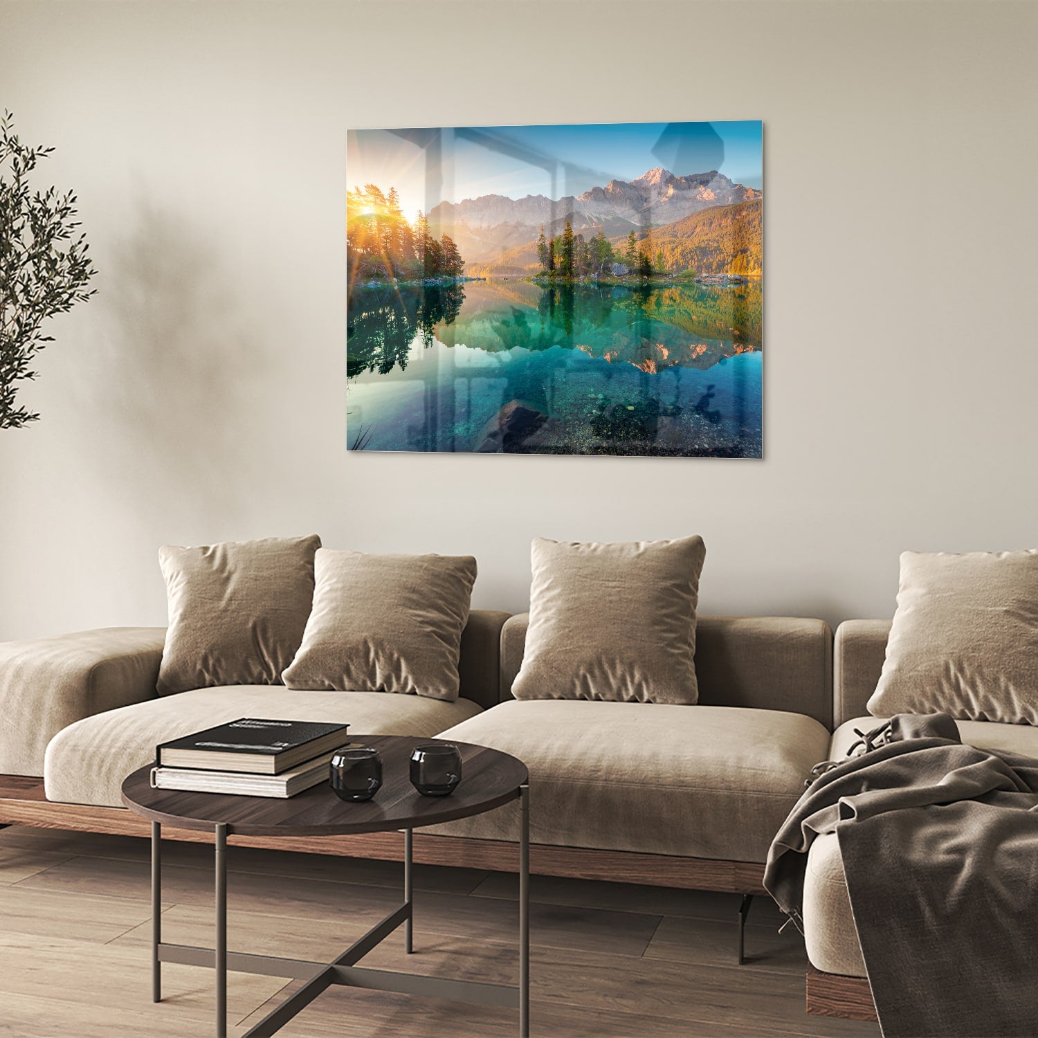 Glazen schilderij van een berglandschap met reflectie in het meer.