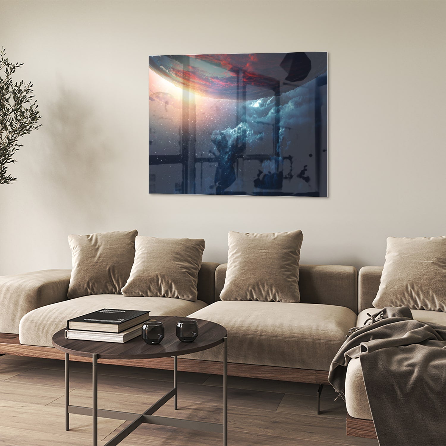 Glazen schilderij met een kosmisch uitzicht en kleurrijke lucht in woonkamer.