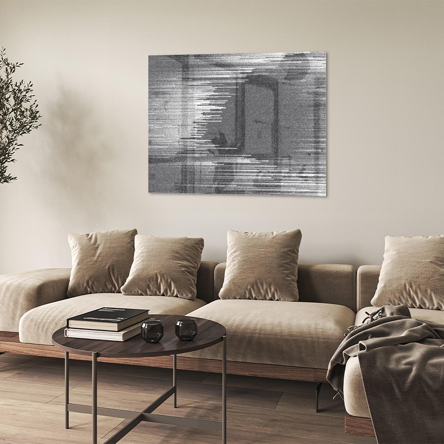 Abstract glazen schilderij in zwart-wit aan de muur met planten