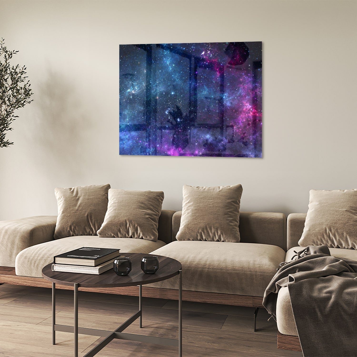 Glazen schilderij van het universum met kleurrijke sterren en nevels.
