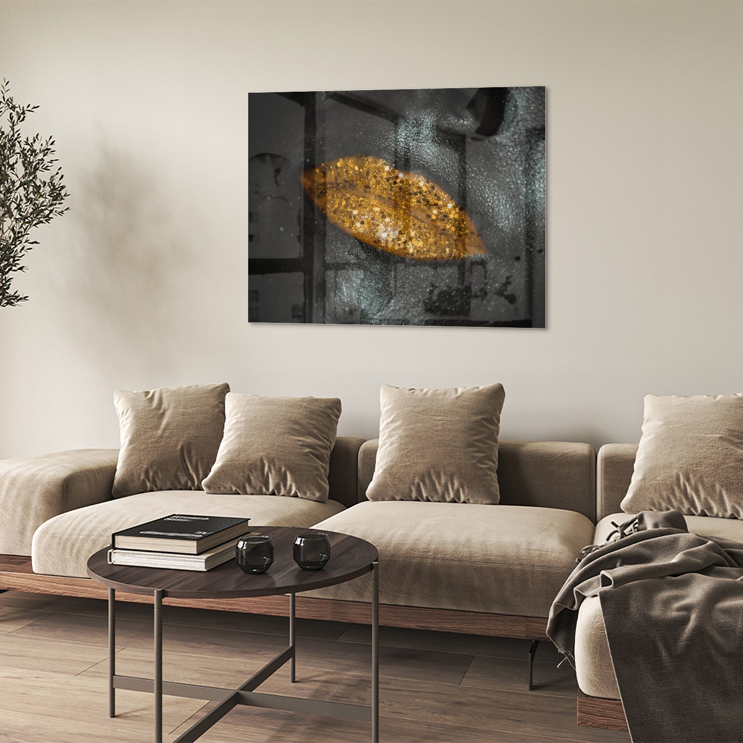 Glazen schilderij met een gouden blad op een zwarte achtergrond, perfect voor moderne interieurs.