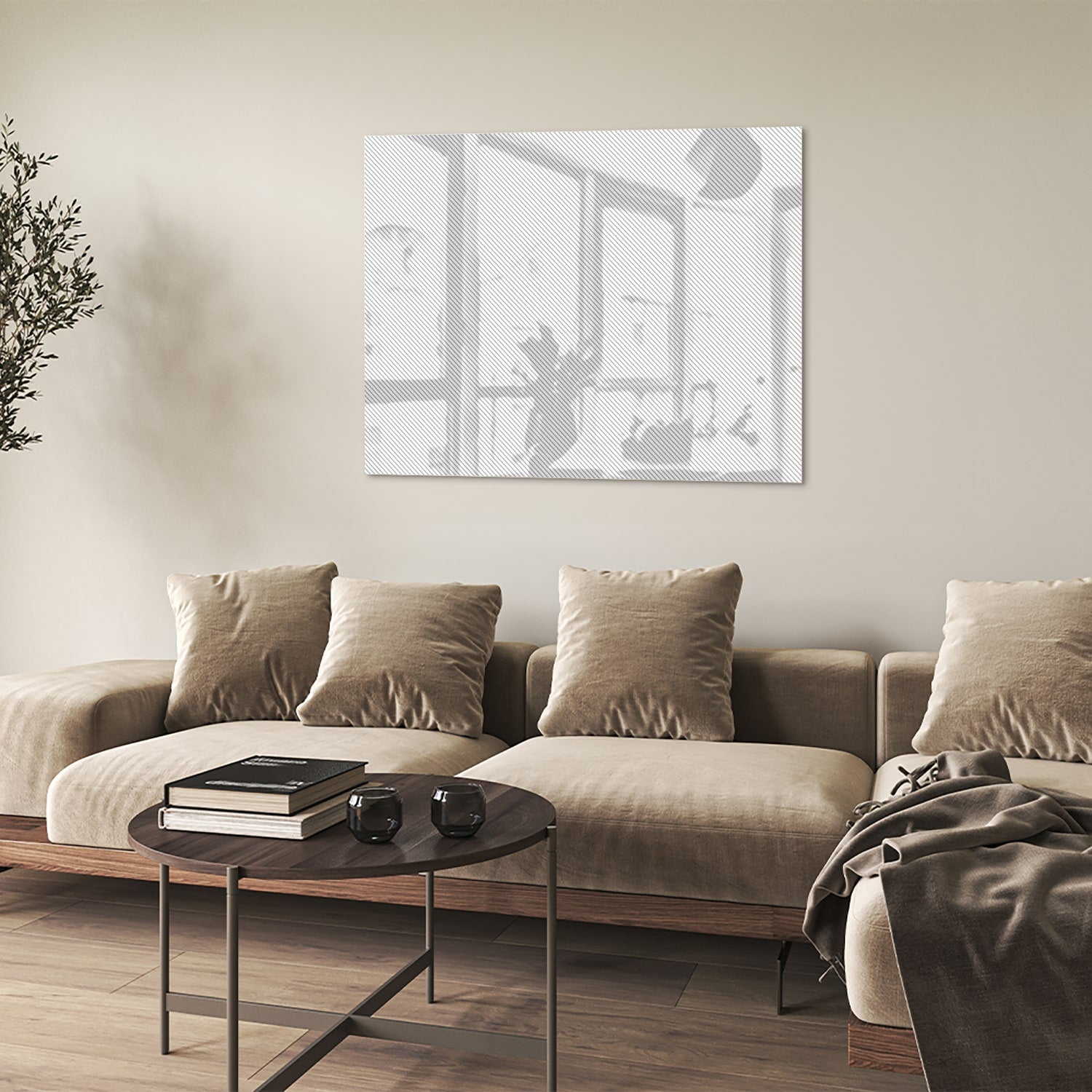 Stijlvol modern glazen schilderij in een lichte woonkamer.