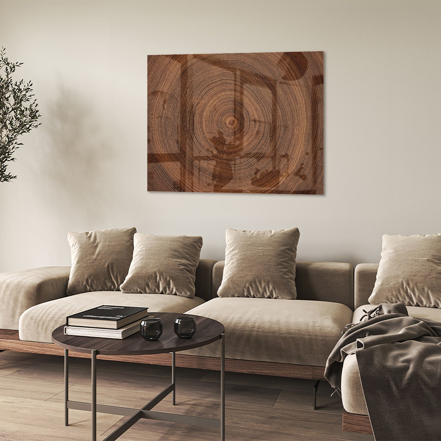 Glazen schilderij met een prachtige houtnerf, perfect voor wanddecoratie.