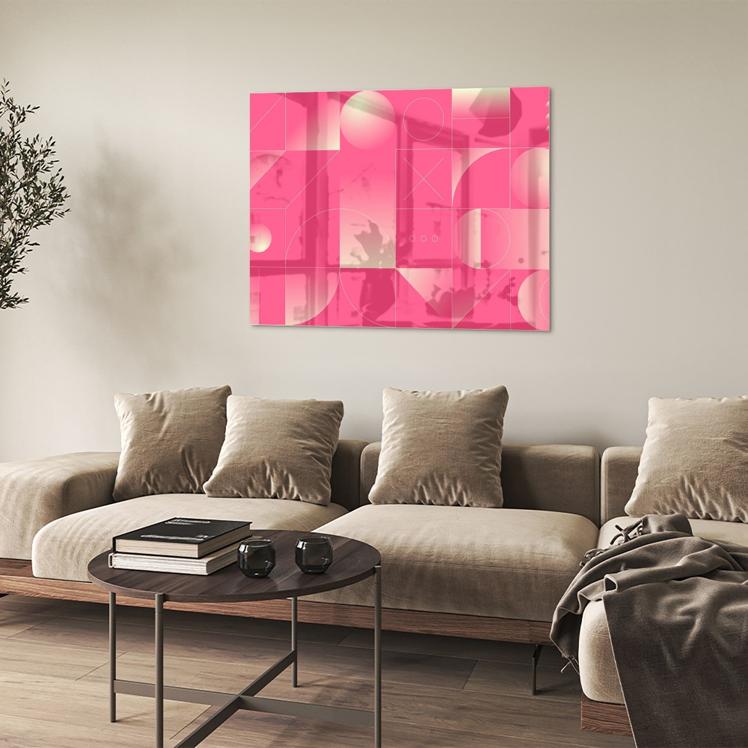 Modern glazen schilderij in frisroze met geometrische vormen.