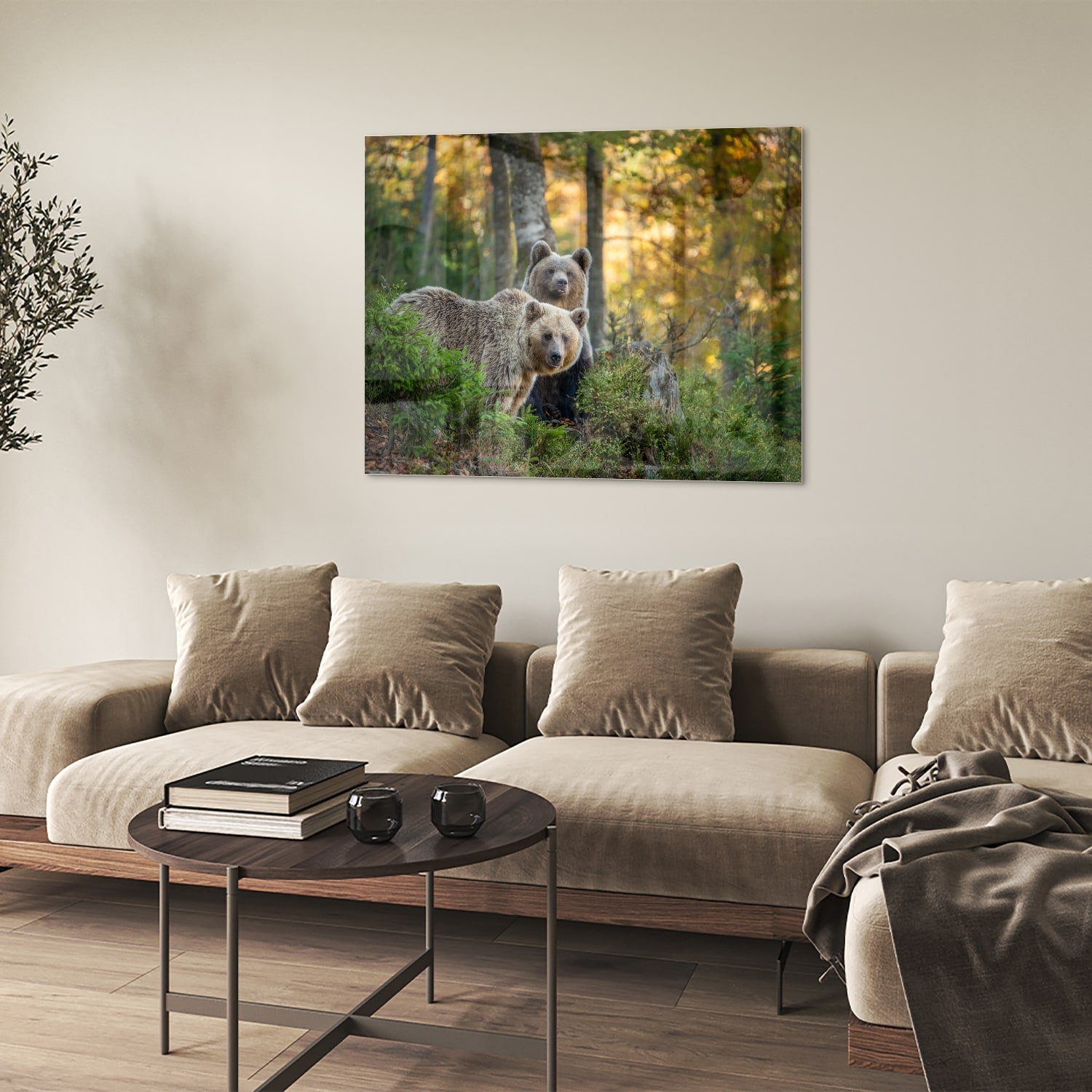 Glazen schilderij met twee schattige beren in een bosrijke omgeving