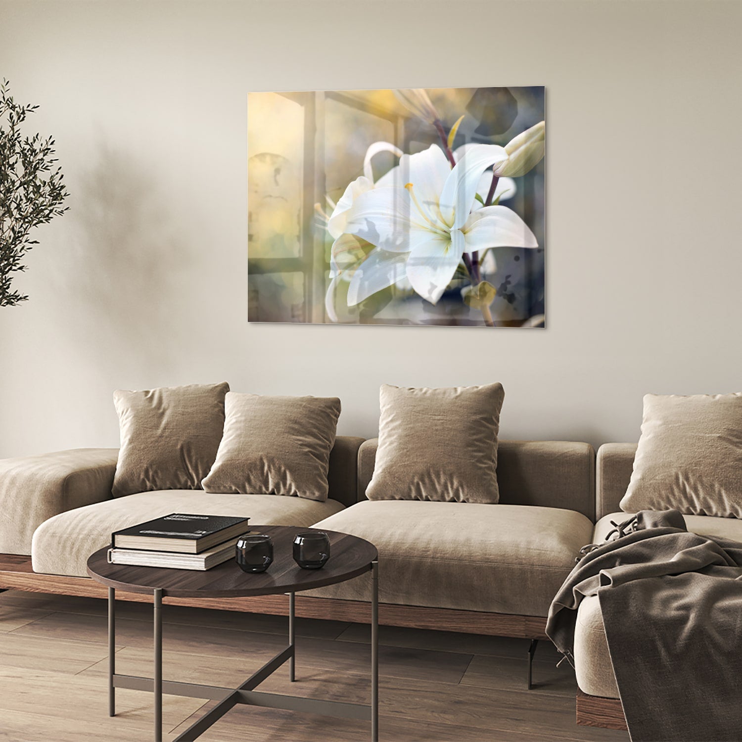 Elegant glazen schilderij van een witte lelie aan de muur
