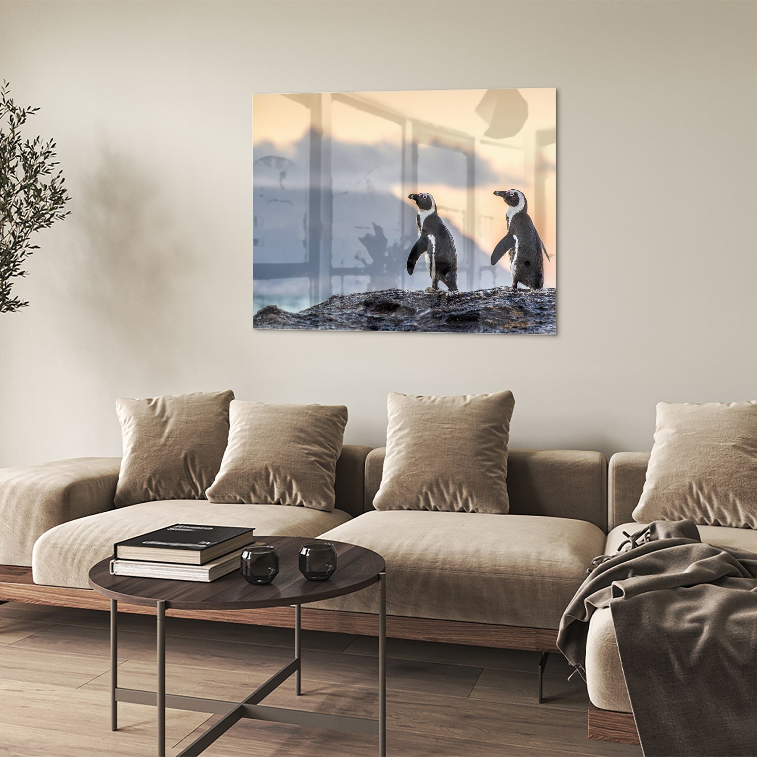 Glazen schilderij van pinguns aan zee met een zonsondergang op de achtergrond