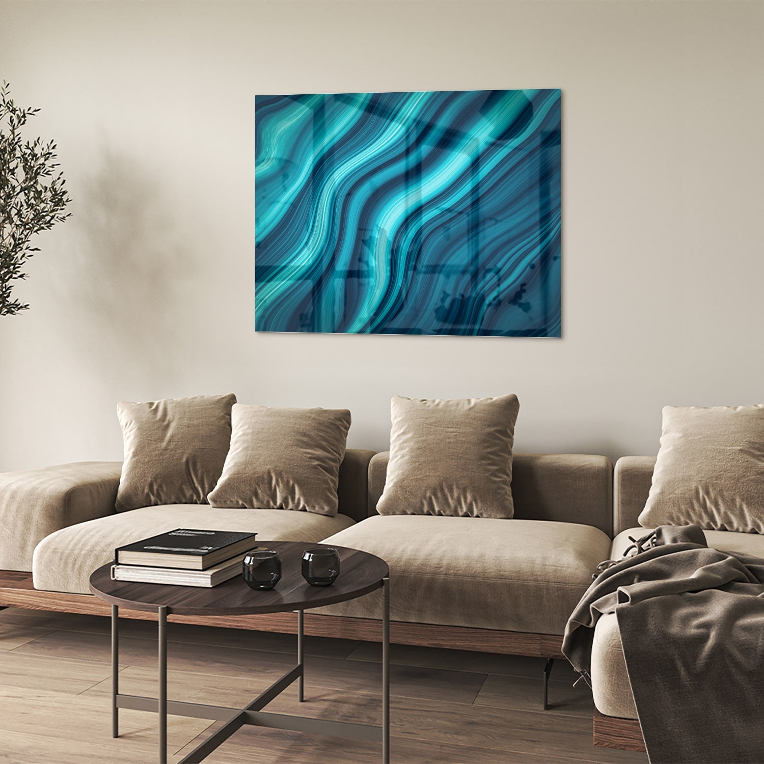 Moderne glazen schilderij met blauwe en groene golven aan de muur