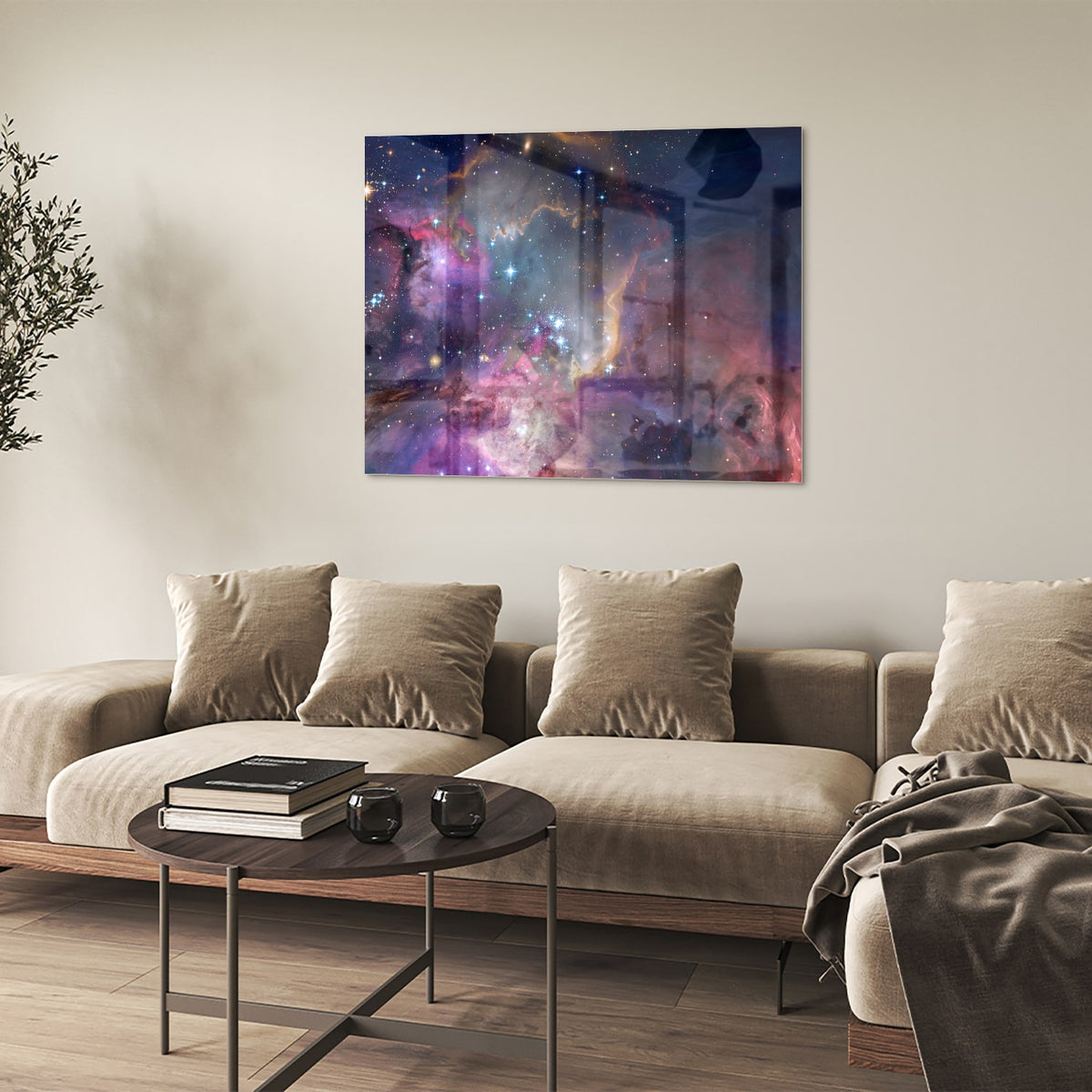 Glazen schilderij met een prachtig universum en sterren op een wand