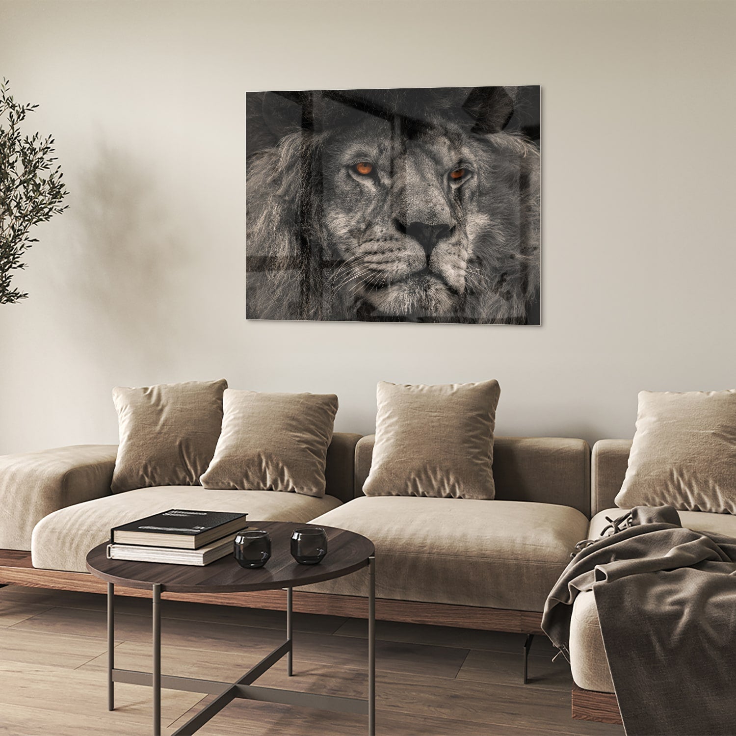 Glazen schilderij van een majestueuze leeuw in zwart-wit, perfect als wanddecoratie.
