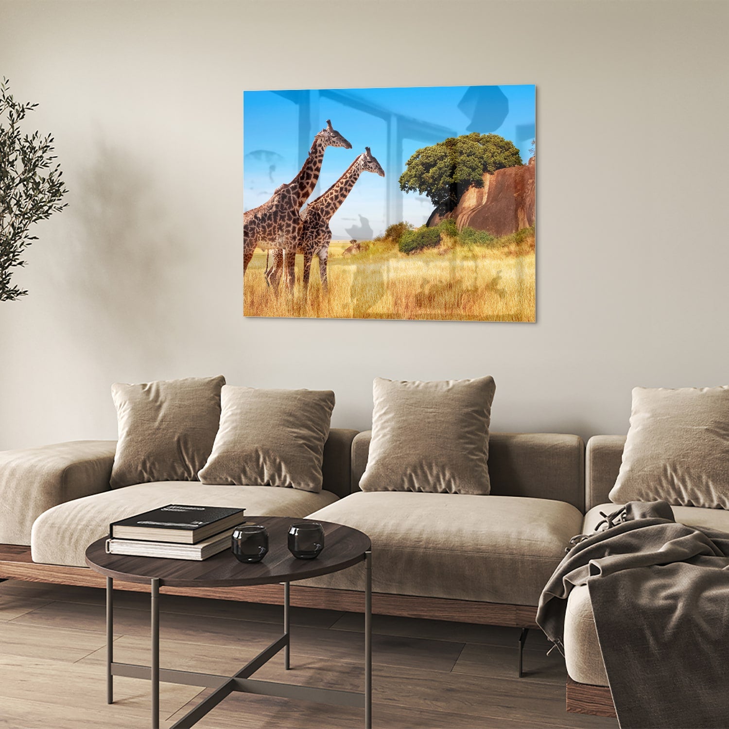 Glazen schilderij van twee giraffen in een Afrikaans landschap