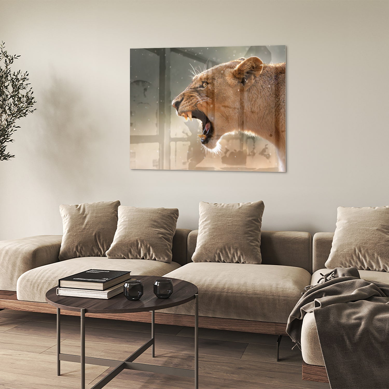Glazen schilderij van een brullende leeuw, bijzonder kunstwerk voor aan de muur.