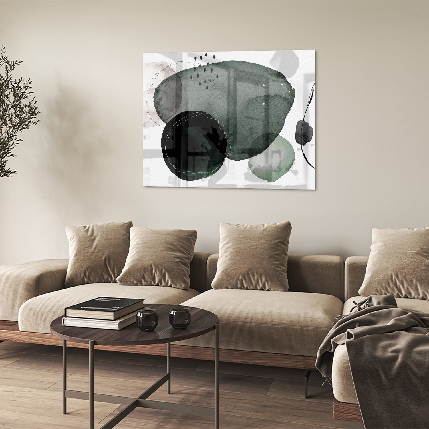 Abstract glas schilderij met groene en zwarte vormen